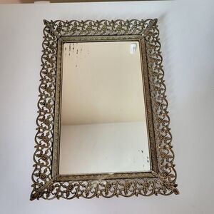 Vintage Ornate Openwork Brass Tone Metal Mirrored Vanity Tray